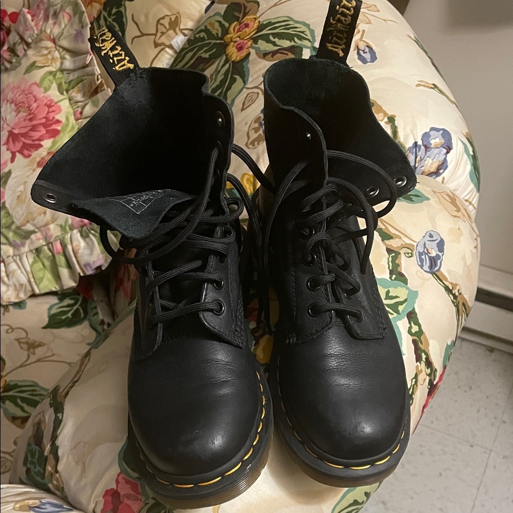 Dr. Martens Black Leather Lace-Up Boots with Yellow Stitching